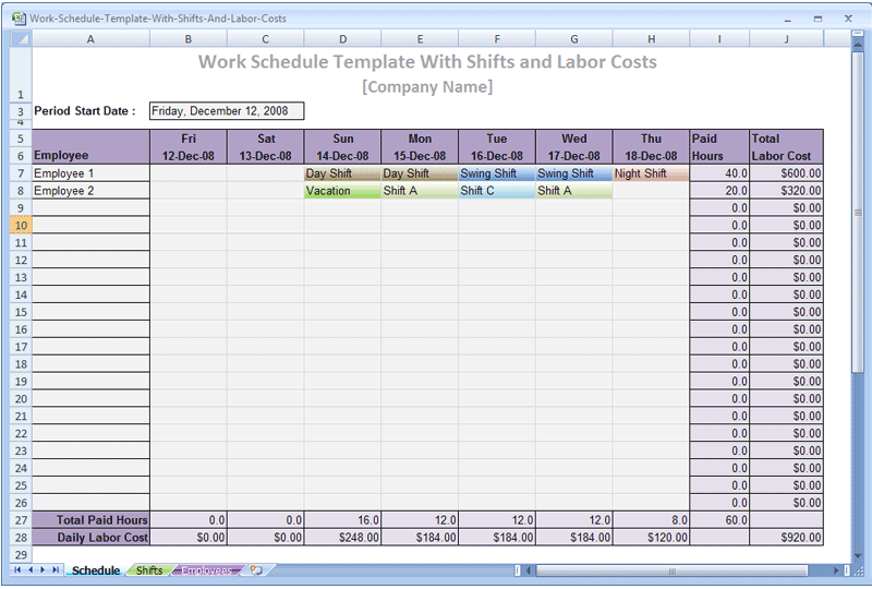 Weekly Work Schedule Excel Template